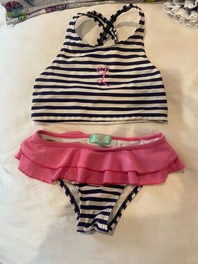 Navy & White Striped Two-Piece Swimsuit with Pink Ruffle
